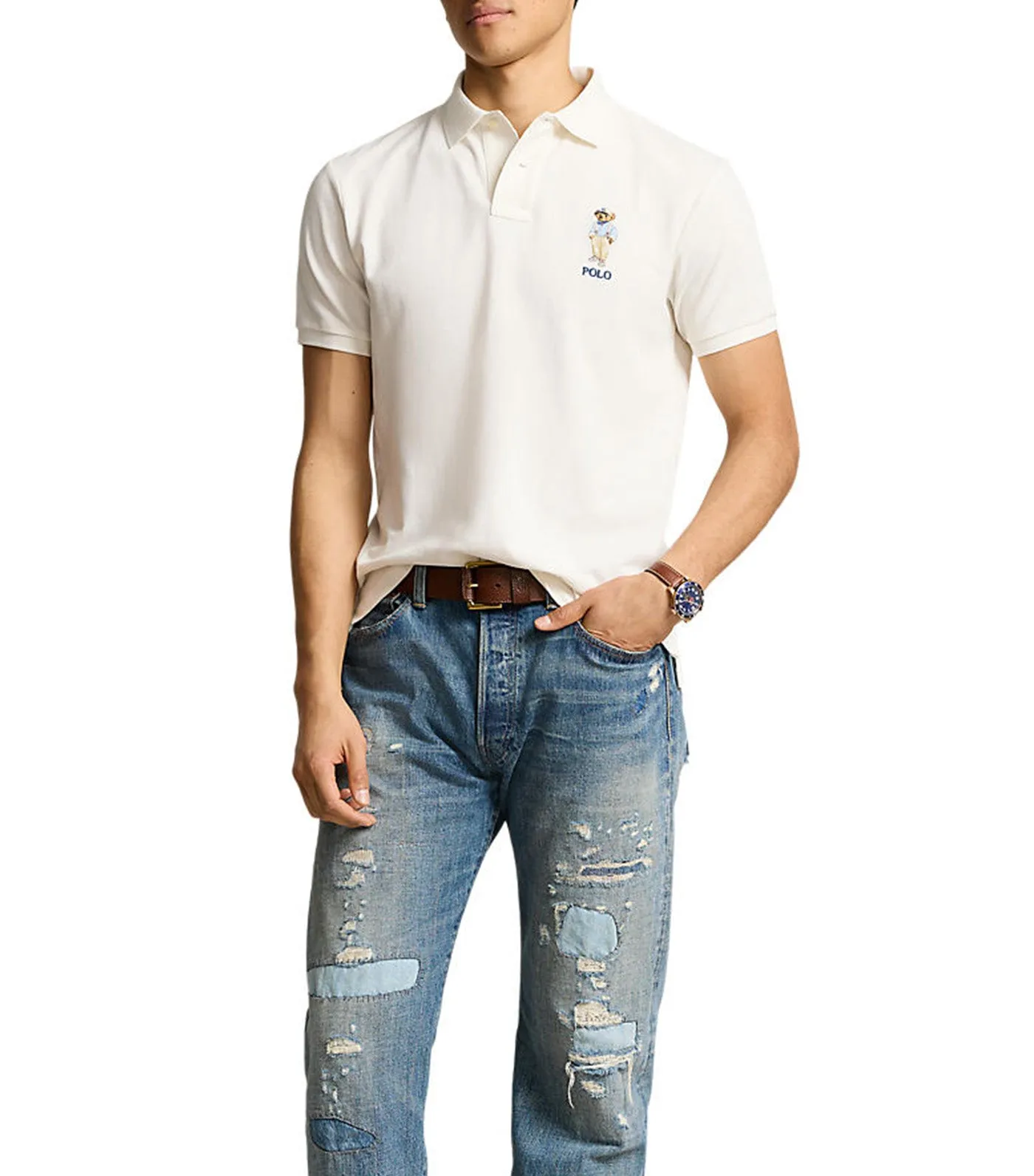 Men's Custom Slim Fit Polo Bear Polo Shirt Deckwash White Reggata Bear