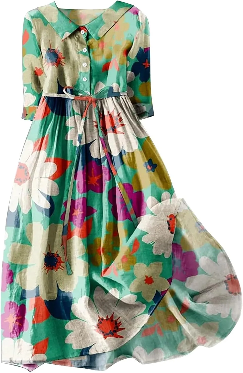 Midi Dresses for Women Button Down Floral Print Cotton Casual Dress with Belt Half Sleeve Empire Waist Summer Dress