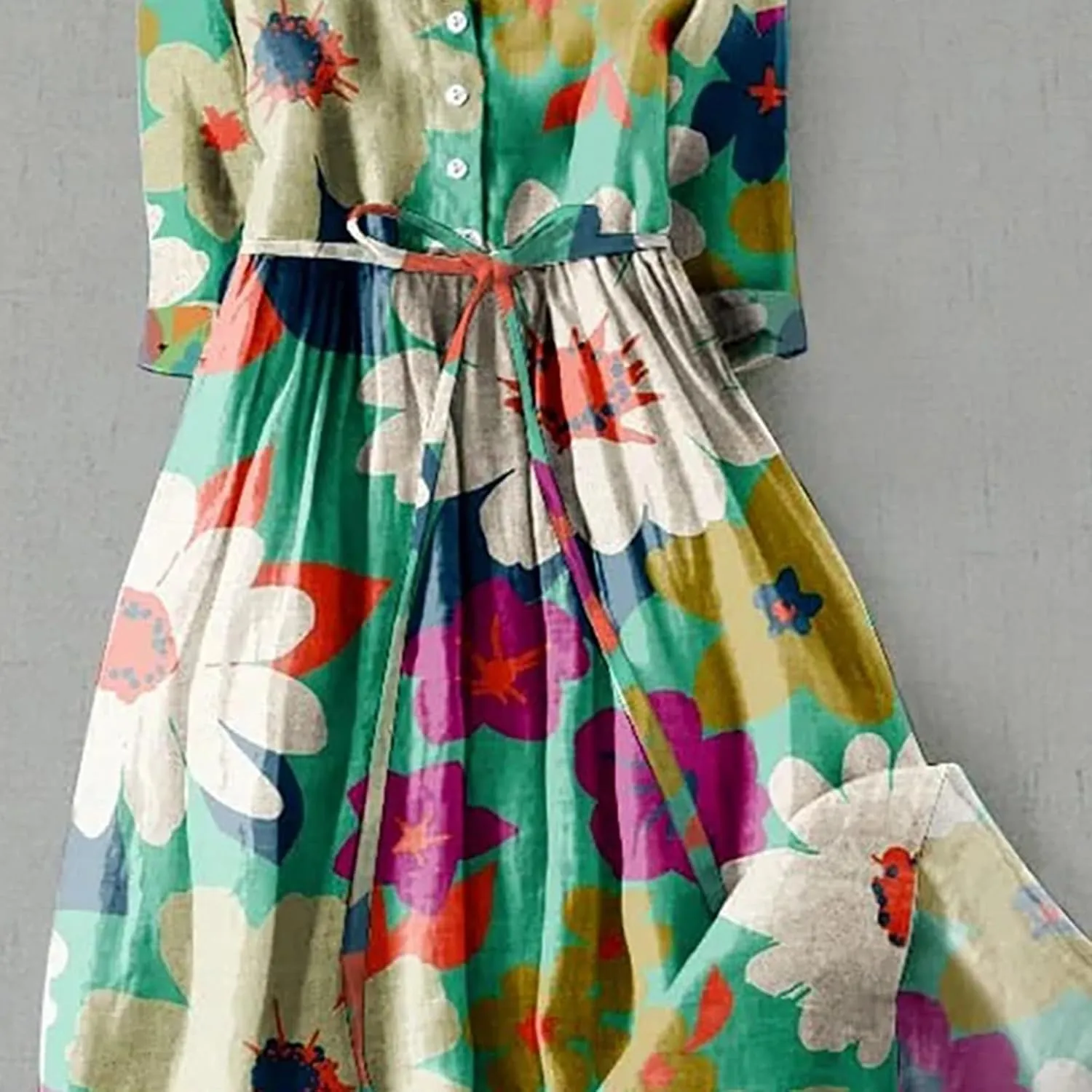 Midi Dresses for Women Button Down Floral Print Cotton Casual Dress with Belt Half Sleeve Empire Waist Summer Dress