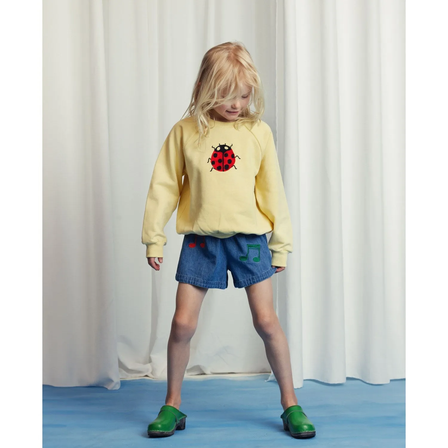 Mini Rodini Blue Note Embroidery Lightweight Denim Shorts