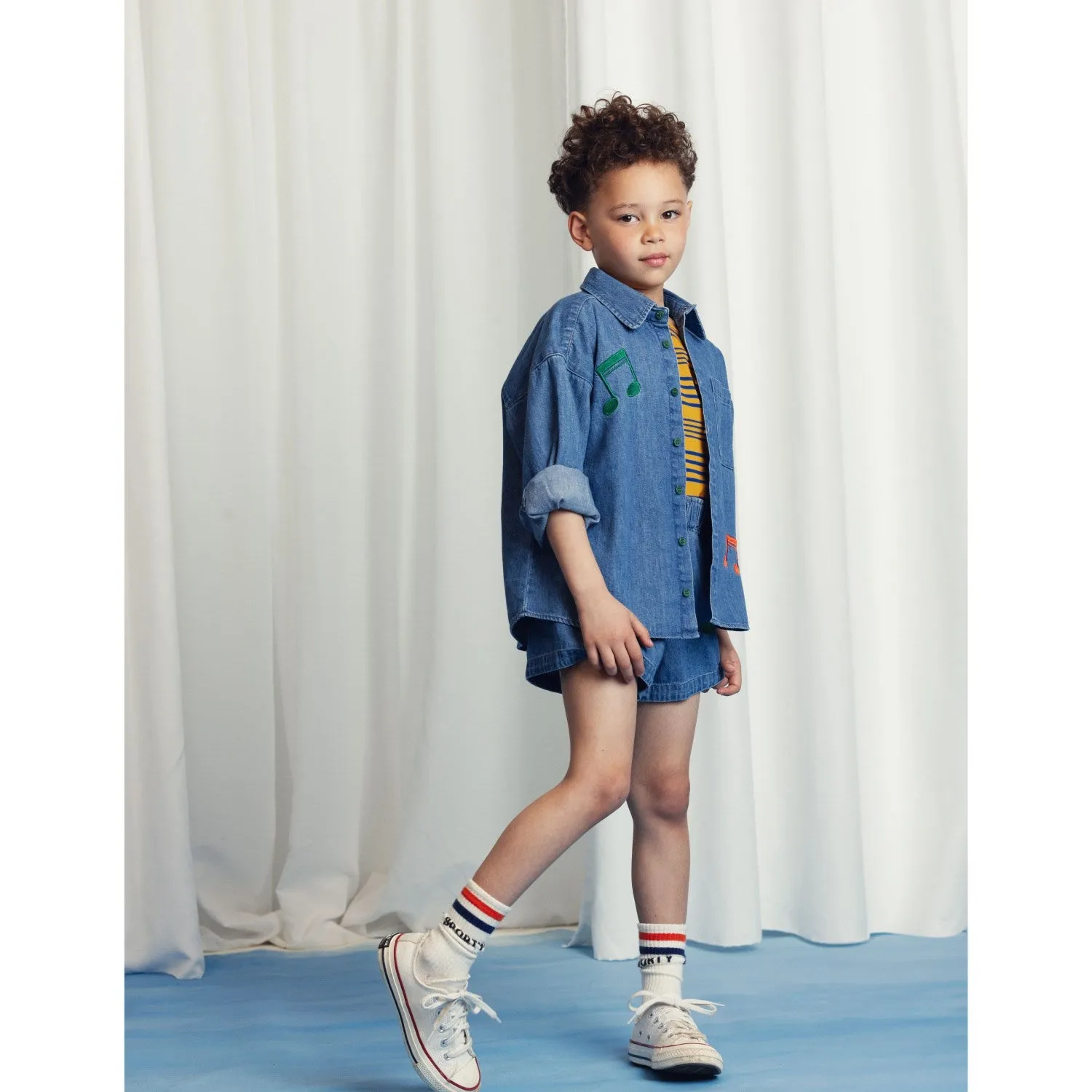 Mini Rodini Blue Note Embroidery Lightweight Denim Shorts
