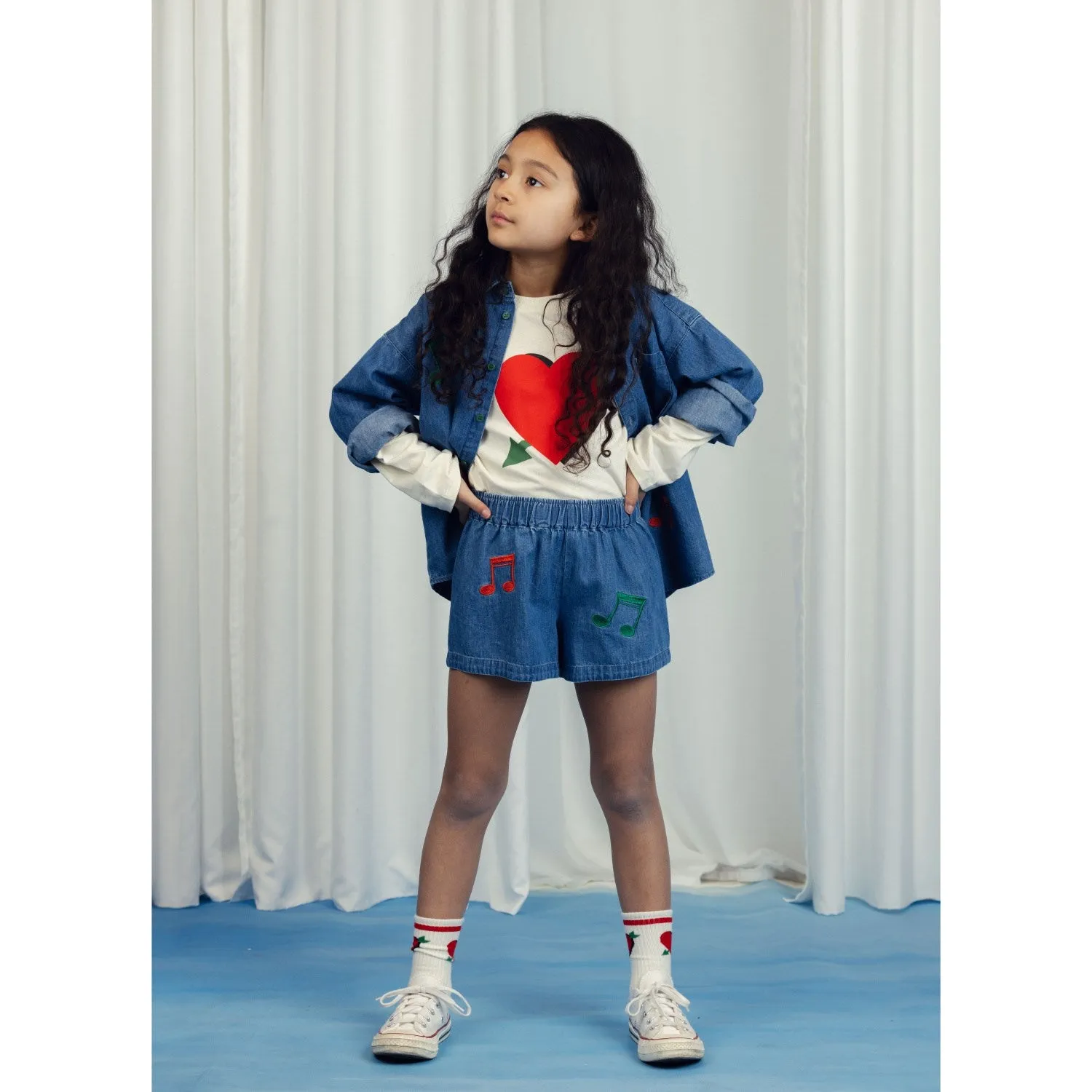 Mini Rodini Blue Note Embroidery Lightweight Denim Shorts