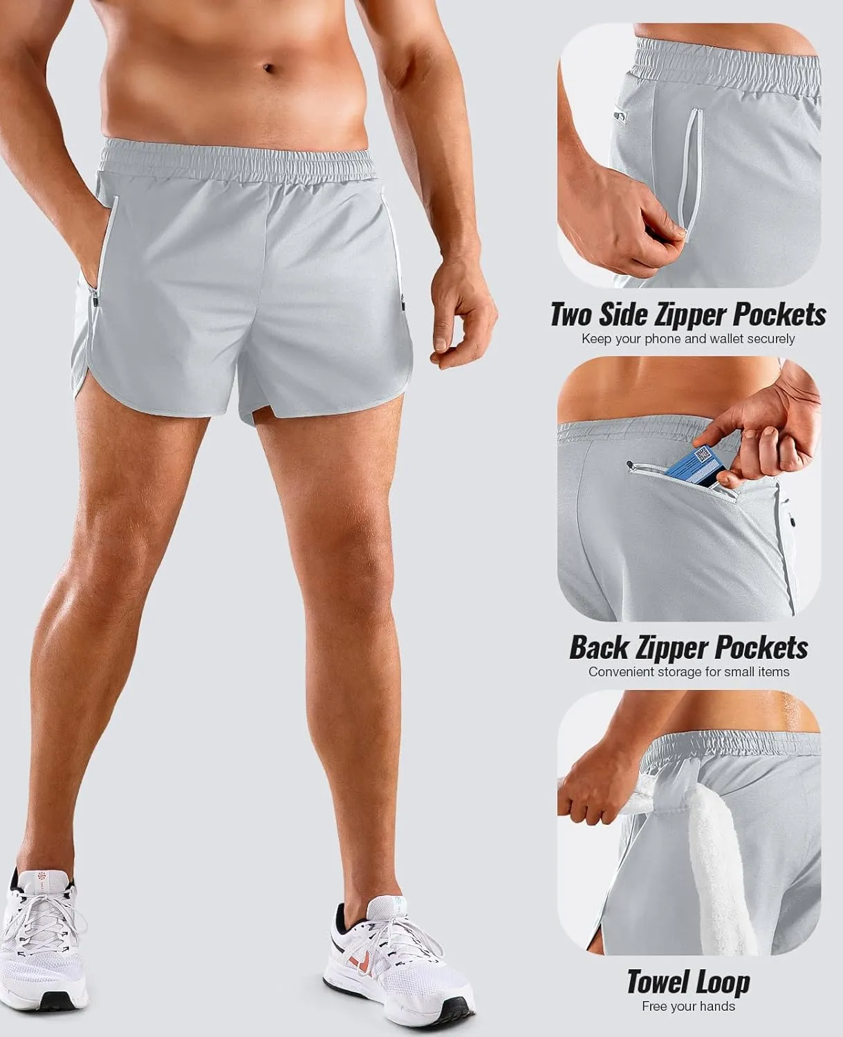 Niksa Men’s Running Shorts 3" Workout Athletic Shorts with Zipper Pockets Lightweight Quick Dry Gym Shorts
