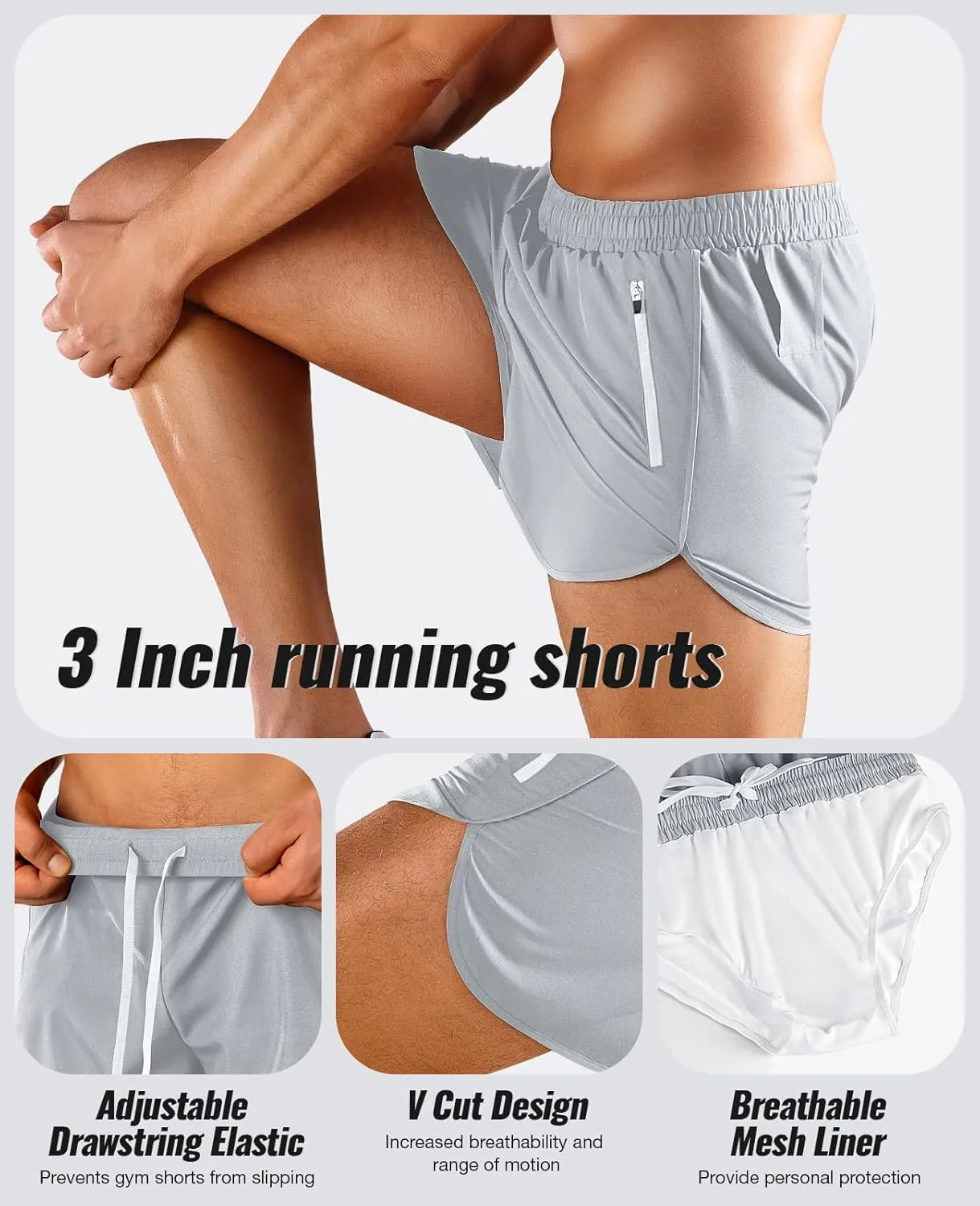Niksa Men’s Running Shorts 3" Workout Athletic Shorts with Zipper Pockets Lightweight Quick Dry Gym Shorts