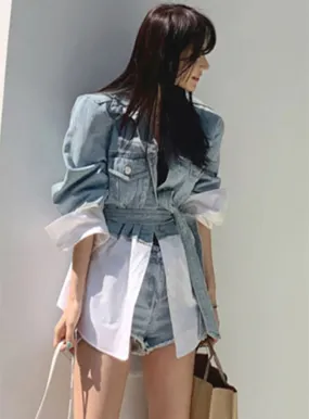 Patchwork Oversized Coat Autumn Fashion Lapel Long Sleeve With Sashes Women Denim Jacket