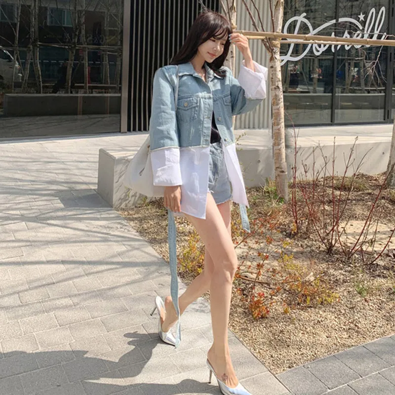 Patchwork Oversized Coat Autumn Fashion Lapel Long Sleeve With Sashes Women Denim Jacket