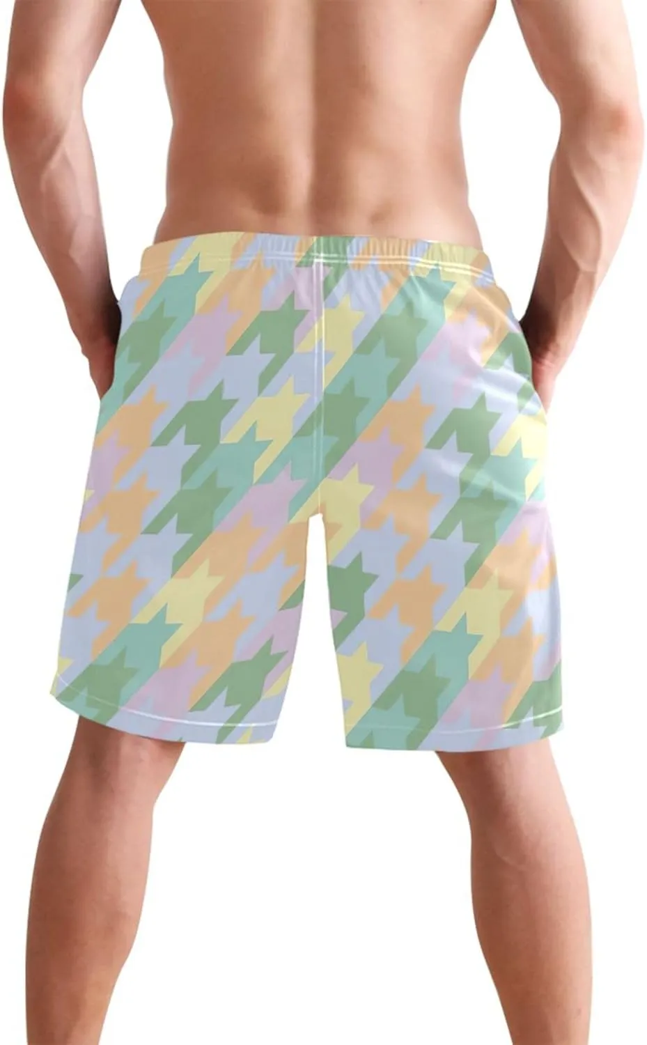 Personalized Men Swim Trunks Funny Colorful Pastel Houndstooth Mens Shorts Casual Drawstring Shorts S
