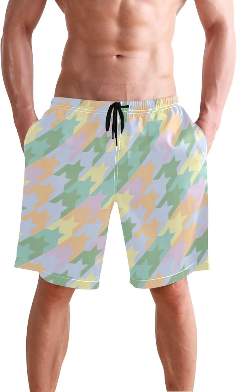 Personalized Men Swim Trunks Funny Colorful Pastel Houndstooth Mens Shorts Casual Drawstring Shorts S