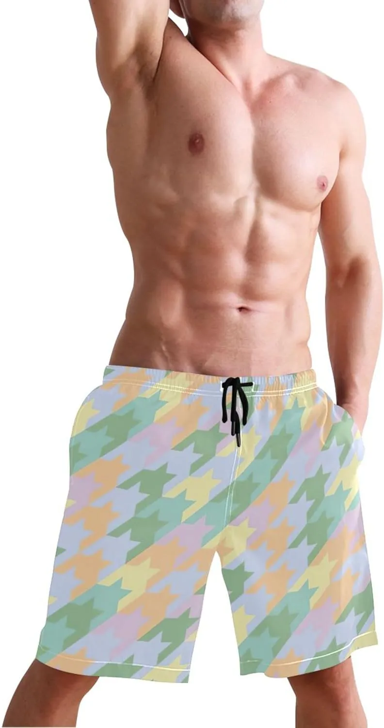 Personalized Men Swim Trunks Funny Colorful Pastel Houndstooth Mens Shorts Casual Drawstring Shorts S