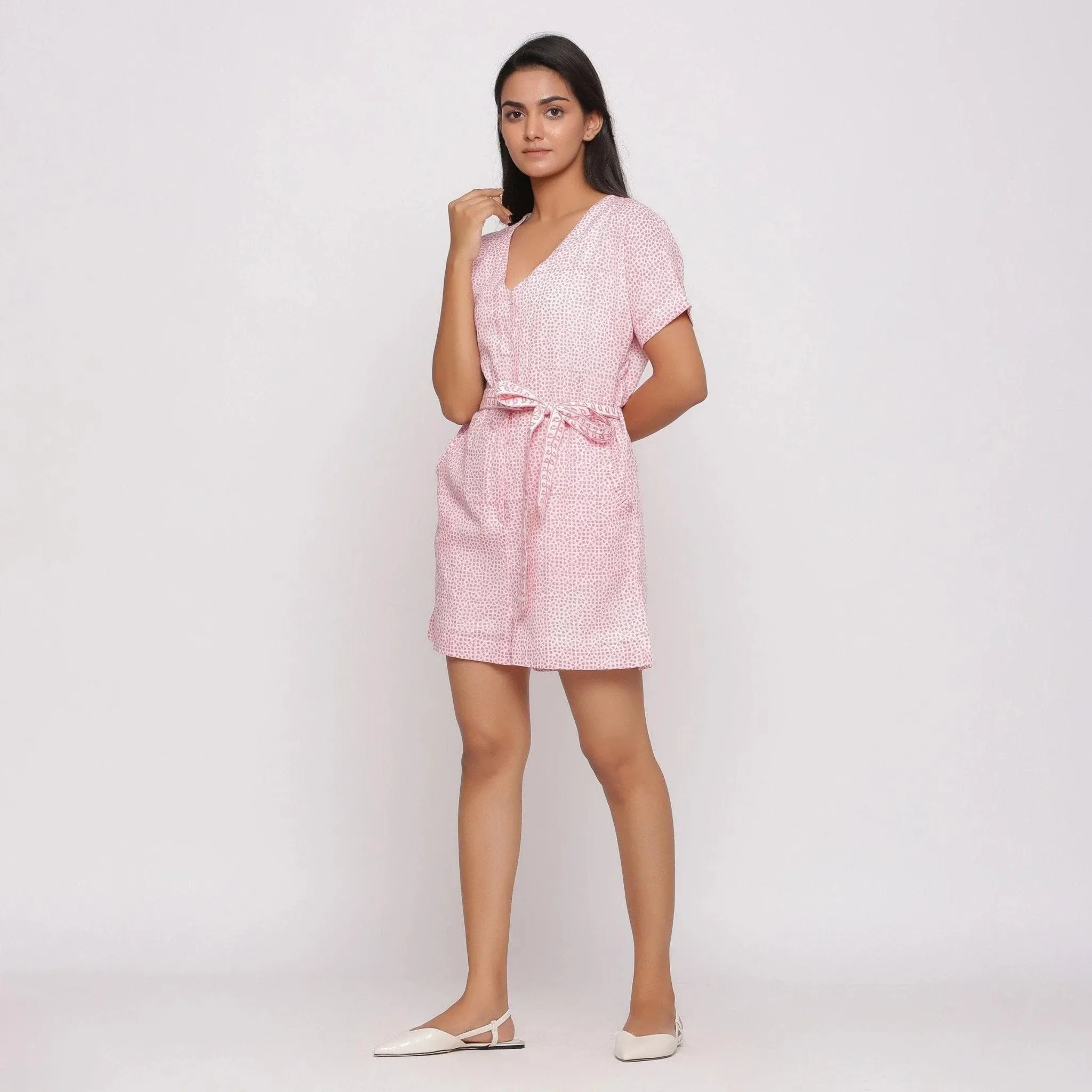 Pink Ditsy Block Print Cotton Short Romper