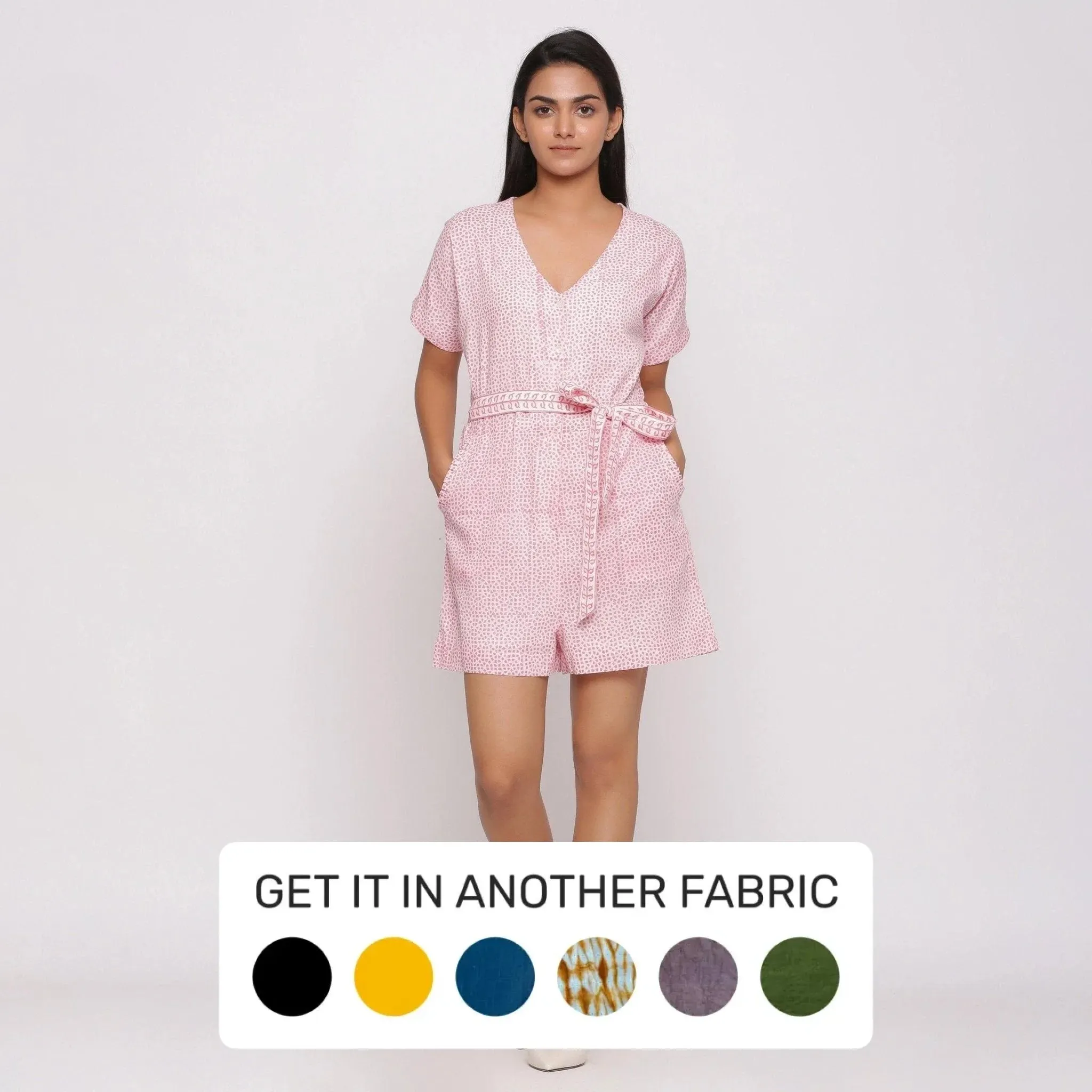 Pink Ditsy Block Print Cotton Short Romper