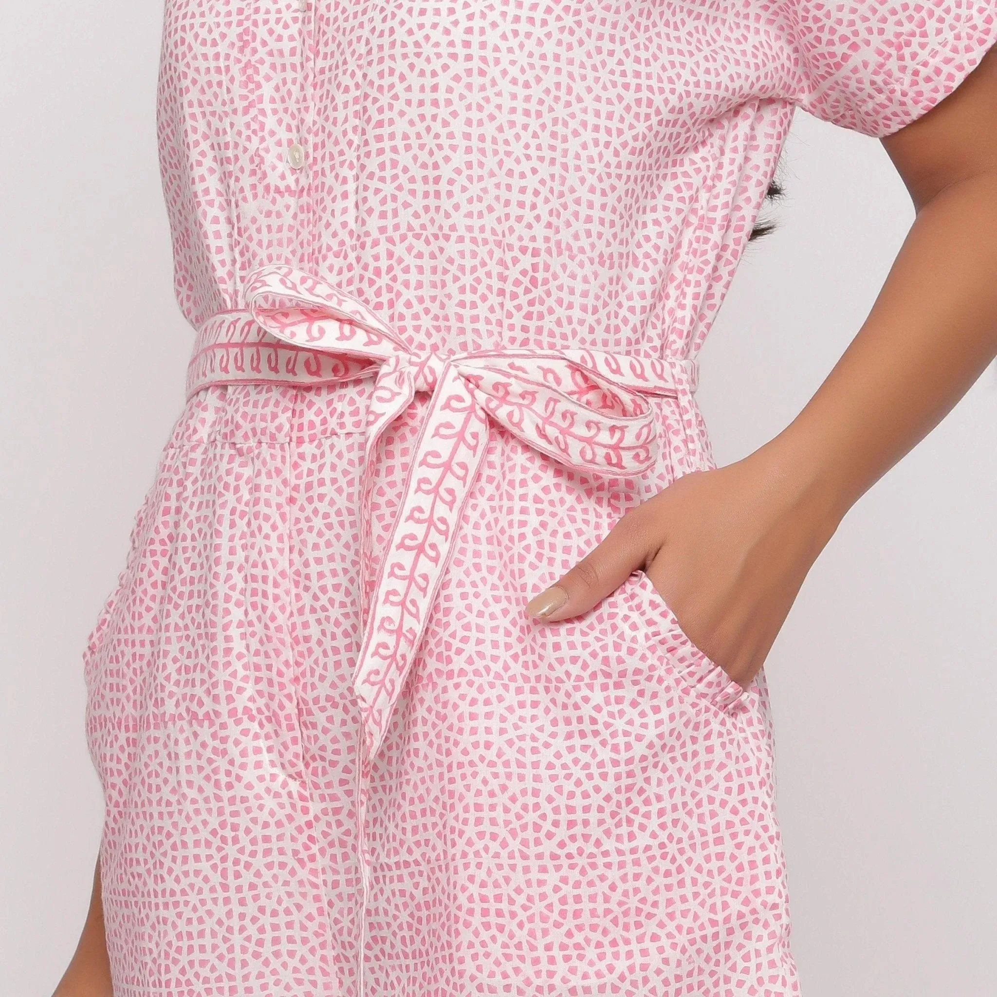 Pink Ditsy Block Print Cotton Short Romper