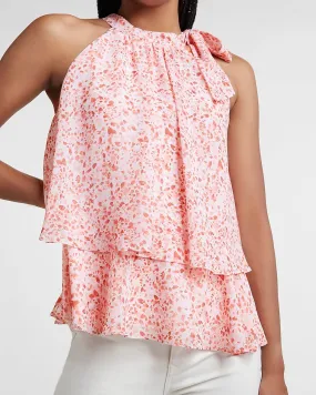 Printed Tiered Tie Halter Neck Tank in Pink Print