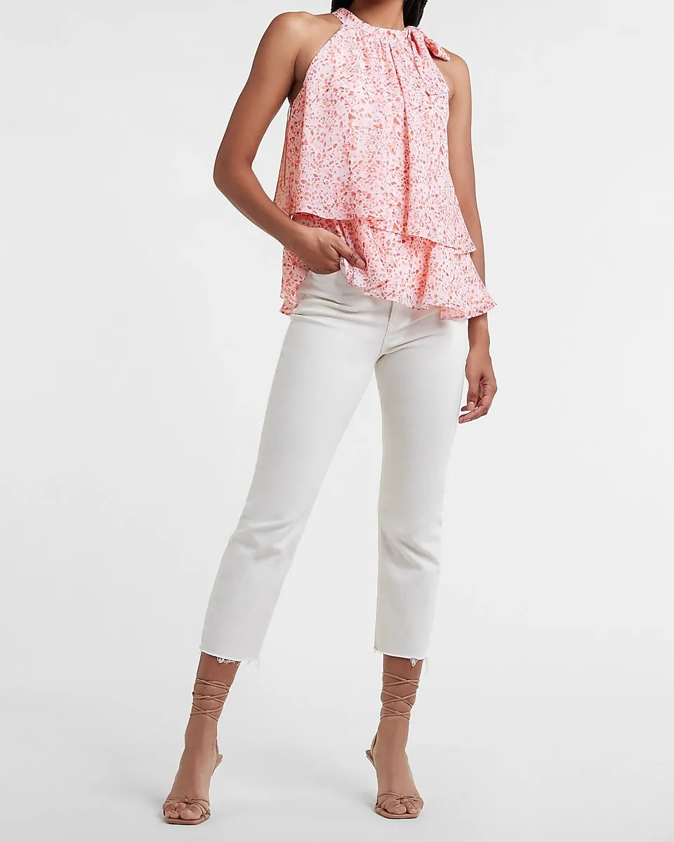 Printed Tiered Tie Halter Neck Tank in Pink Print