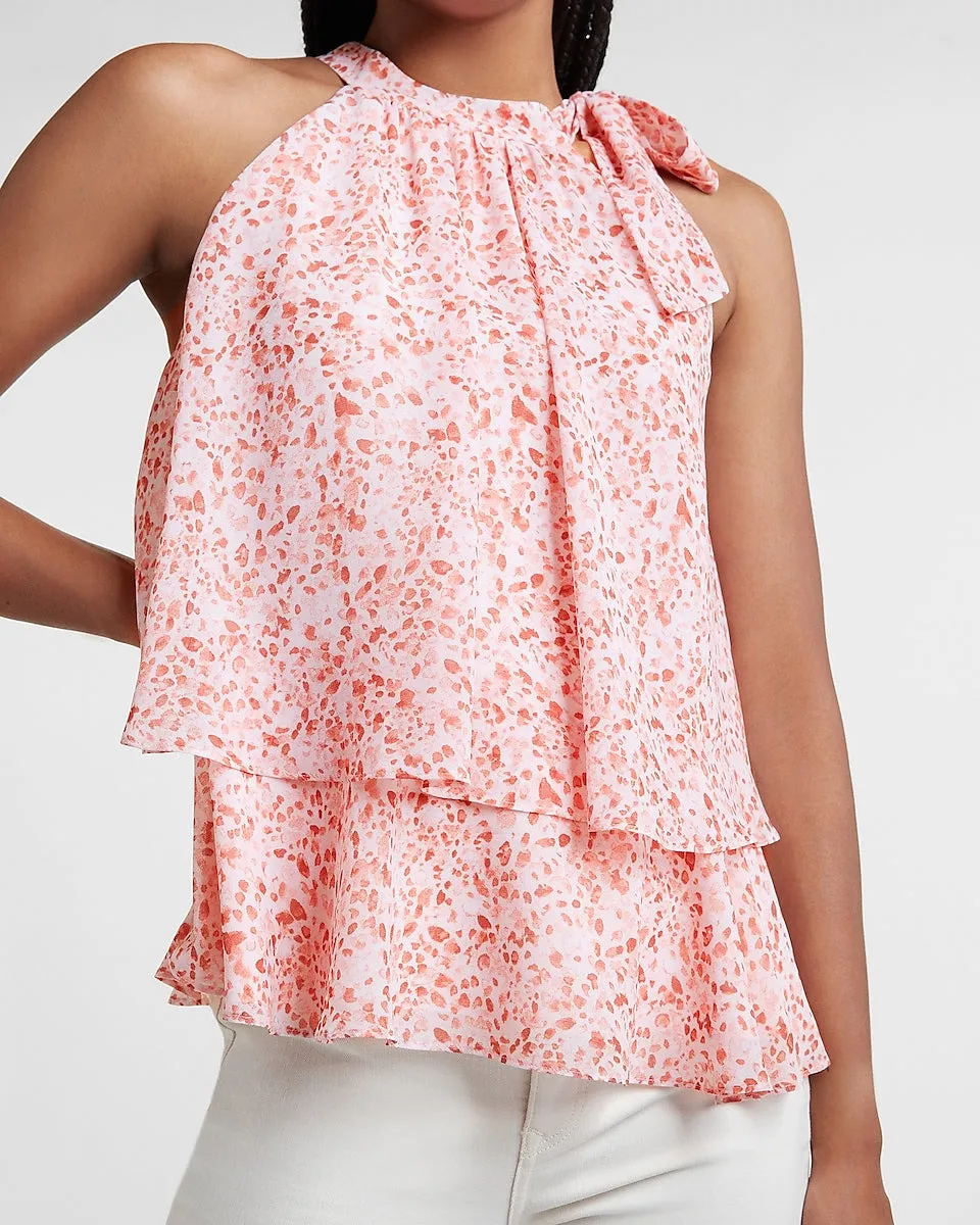 Printed Tiered Tie Halter Neck Tank in Pink Print