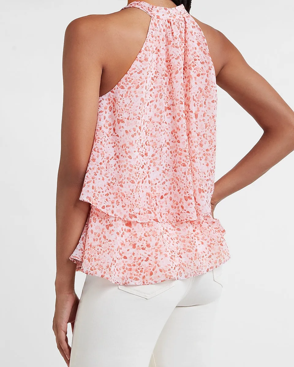 Printed Tiered Tie Halter Neck Tank in Pink Print