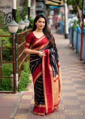 Prodigal Navy Blue Soft Silk Saree With Majestic Blouse Piece
