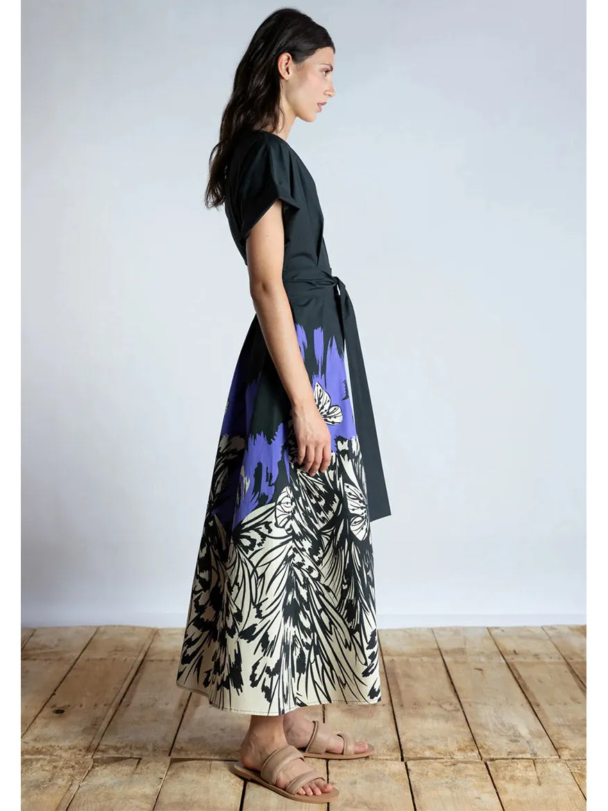 Psophía Midnight Butterfly Contrast Cotton Sleeve Dress in Black