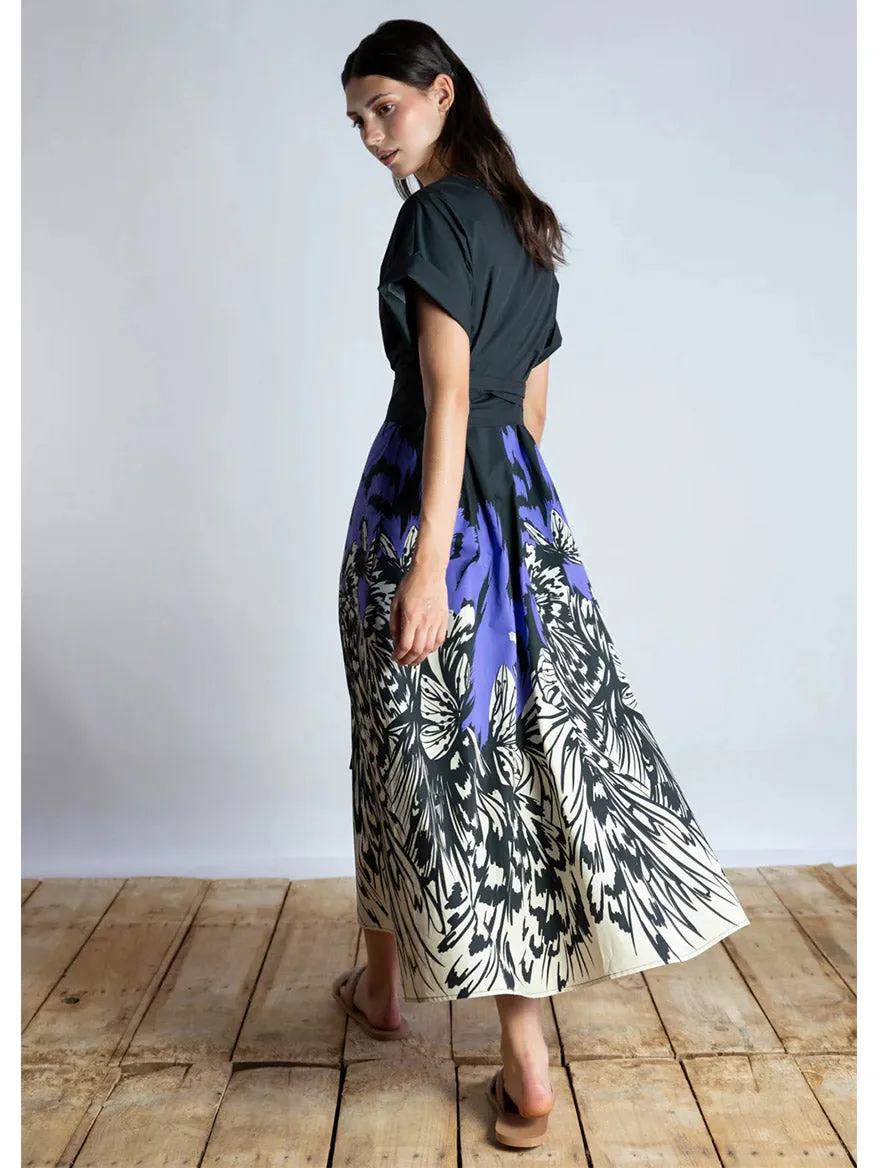 Psophía Midnight Butterfly Contrast Cotton Sleeve Dress in Black