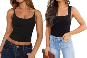 REORIA Womens Sexy Club Square Neck Sleeveless Bodysuits and Scoop Neck Adjustable Ruched Cami Crop Tops 2 Pieces X-Large