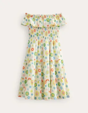 Shirred Woven Midi Dress-Ivory Pretty Suns