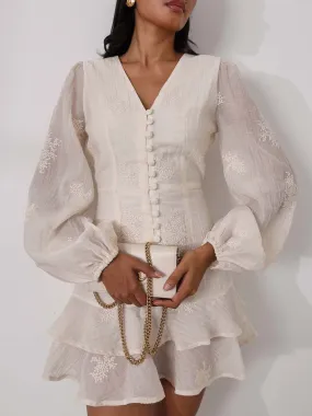 Solene Embroidered Frill Dress | Cream