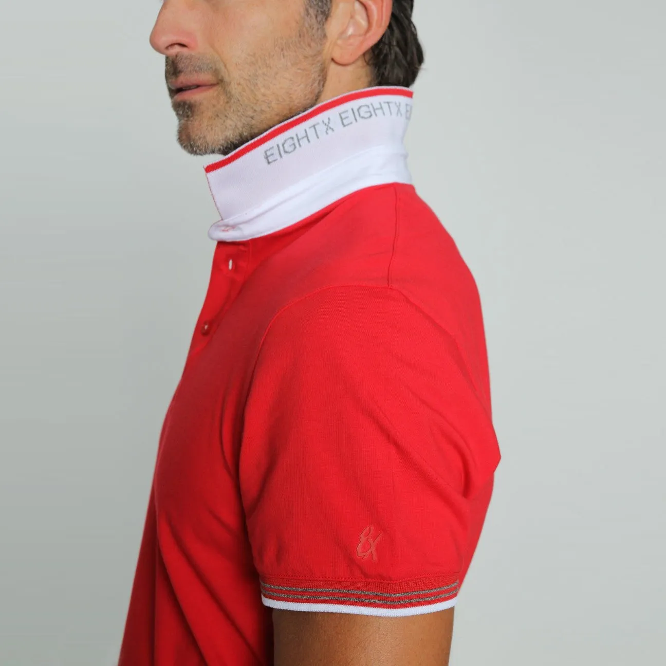 Solid Red Polo With White And Grey Trim
