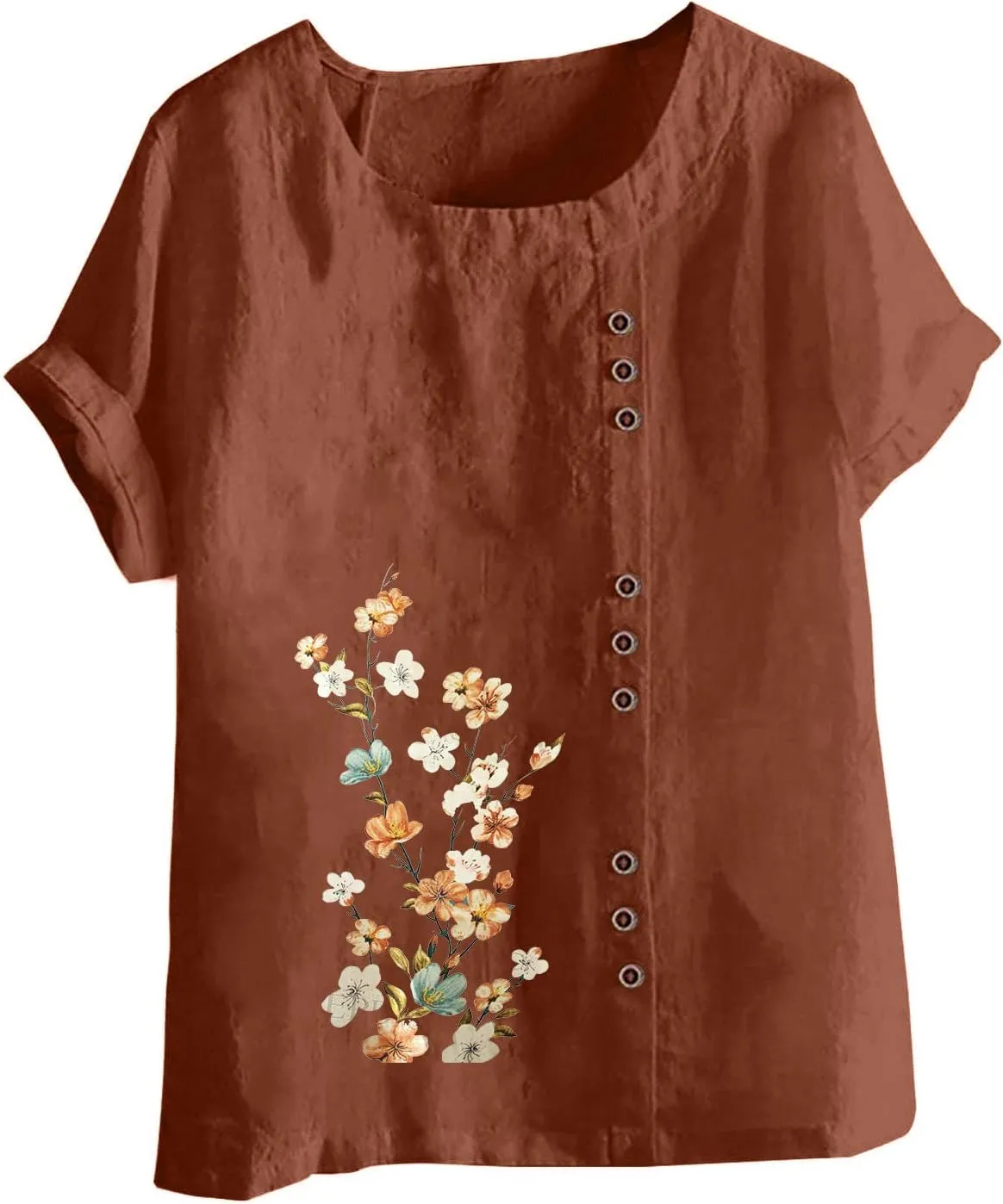 Summer Women Cotton Linen T-Shirt Casual Floral Pattern Blouses Tops Short Sleeve Crewneck Loose Tunic Comfy Soft Tees