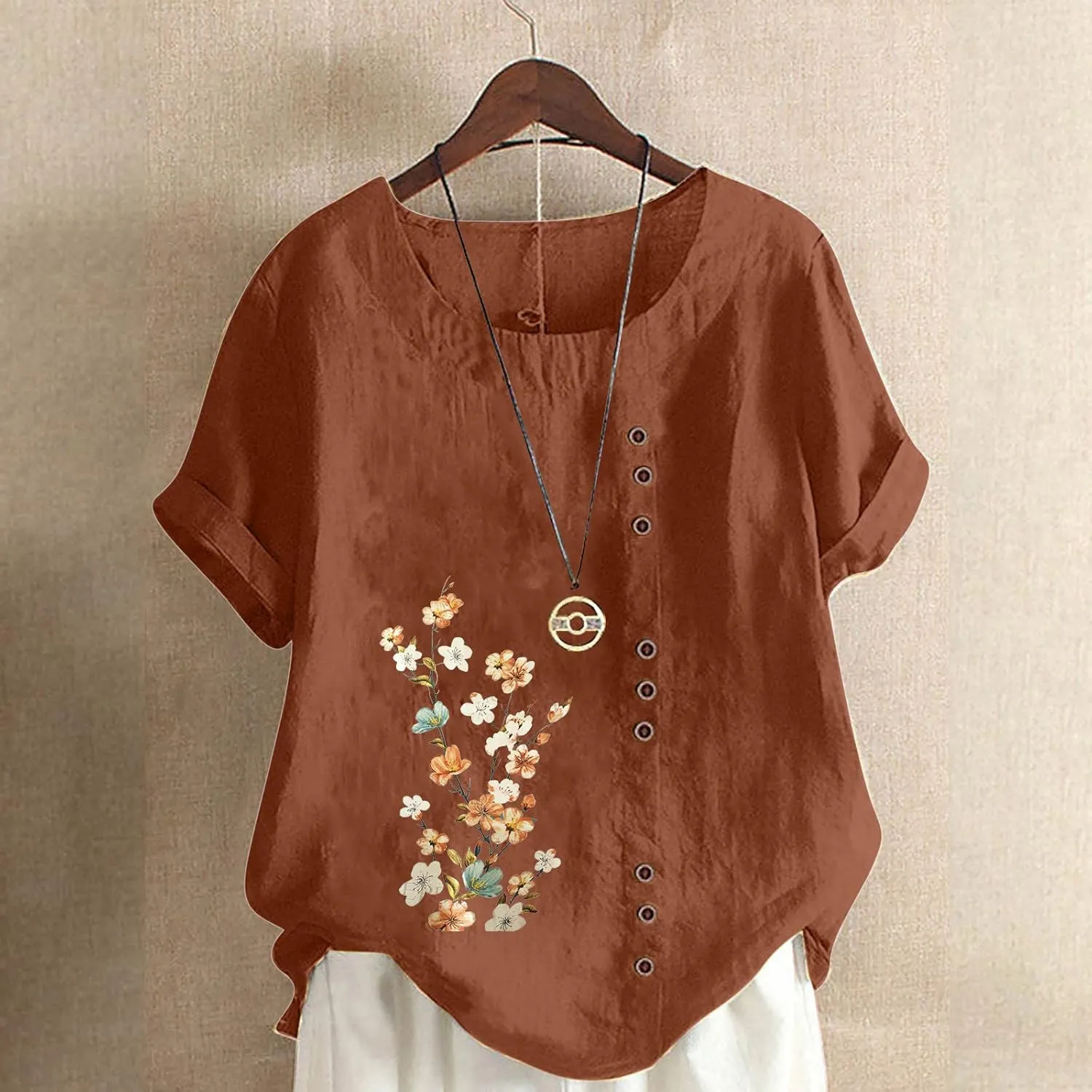 Summer Women Cotton Linen T-Shirt Casual Floral Pattern Blouses Tops Short Sleeve Crewneck Loose Tunic Comfy Soft Tees
