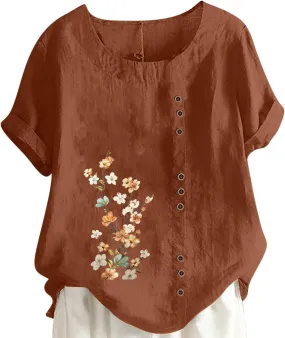 Summer Women Cotton Linen T-Shirt Casual Floral Pattern Blouses Tops Short Sleeve Crewneck Loose Tunic Comfy Soft Tees