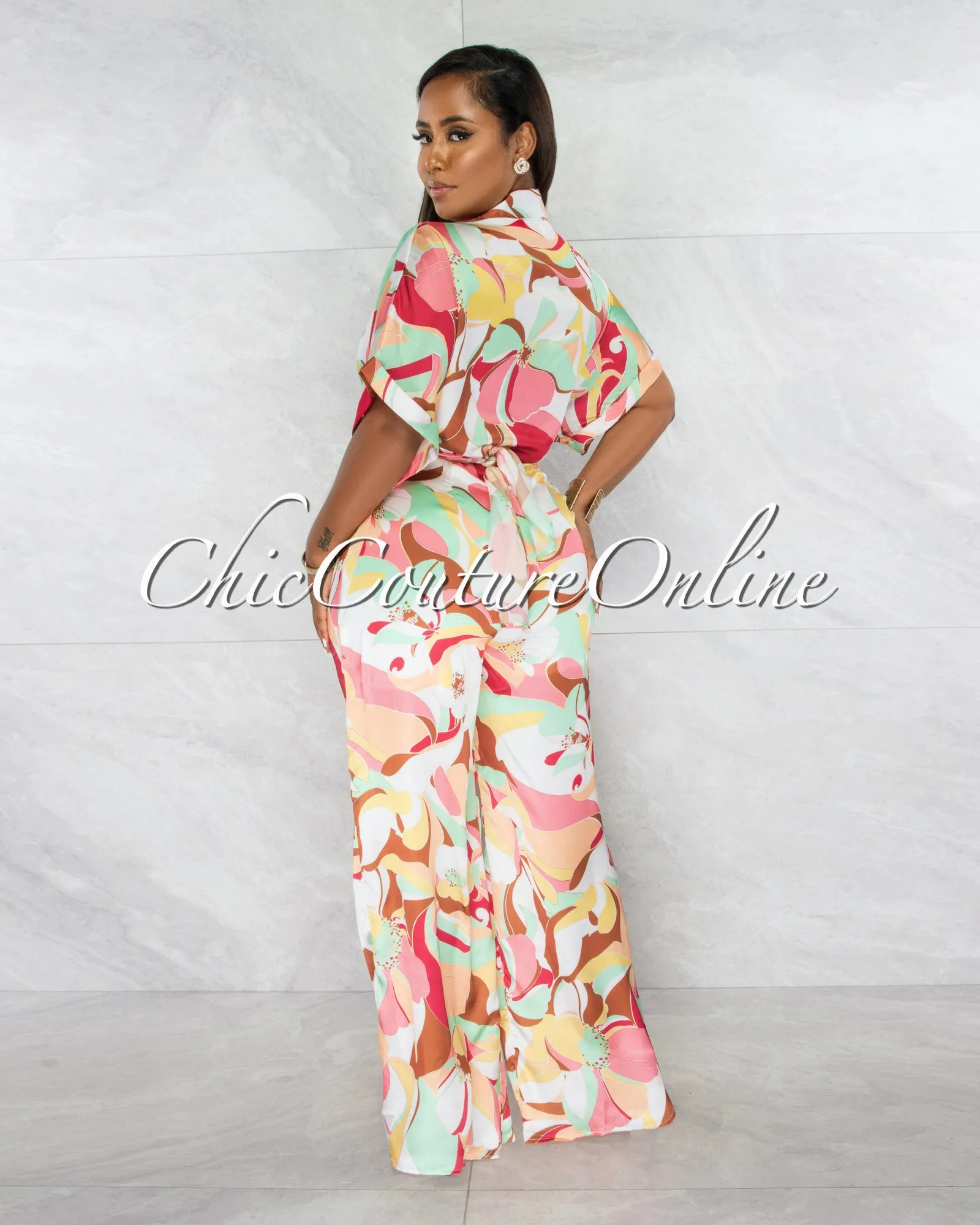 *Tanysa Salmon Floral Print Waist Tie Silky Jumpsuit