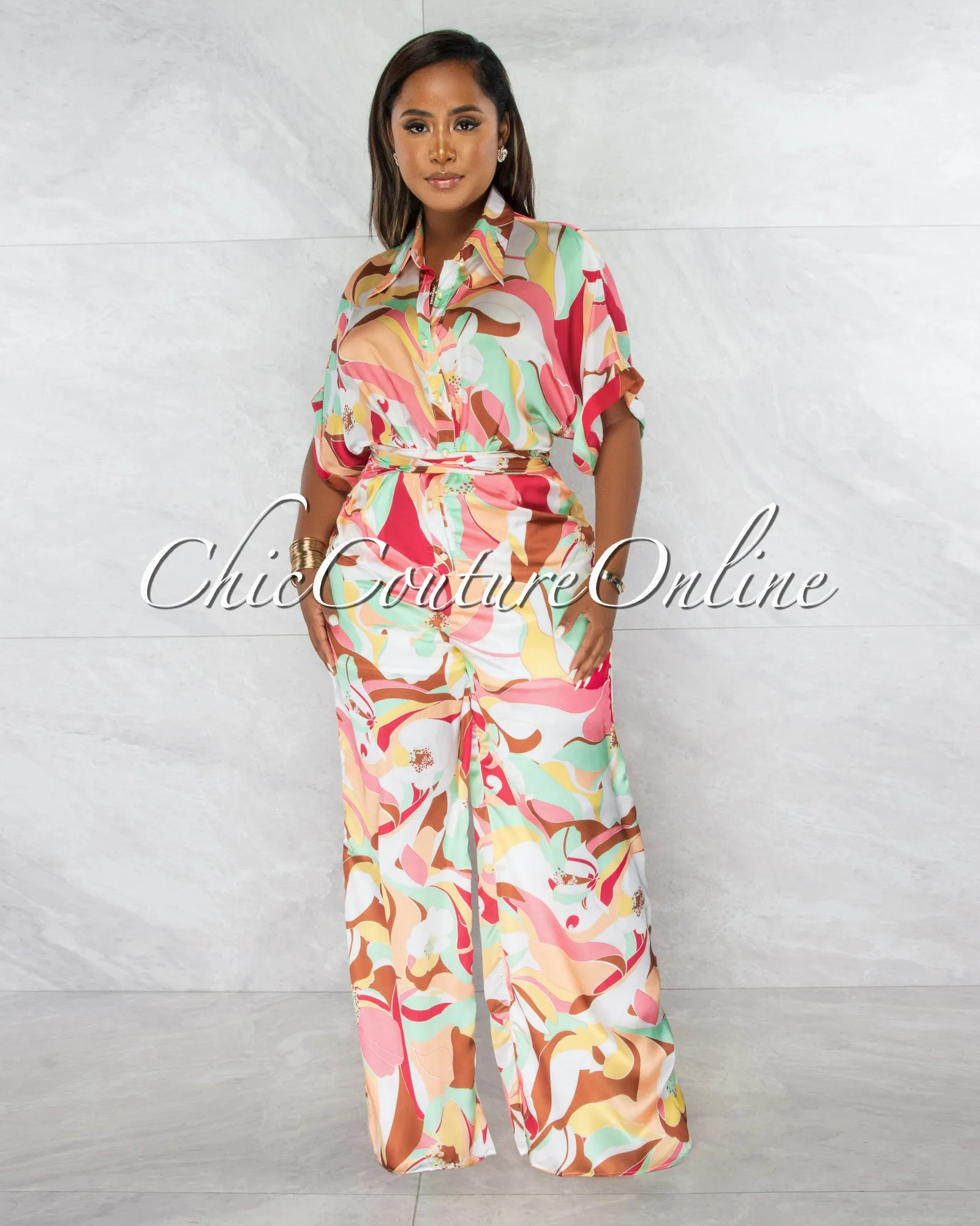 *Tanysa Salmon Floral Print Waist Tie Silky Jumpsuit