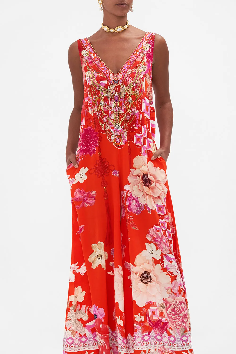 V NECK FLARED JUMPSUIT SECRET GARDEN