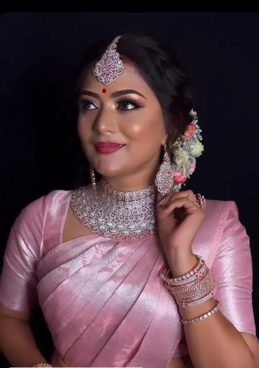Verdant Pink Soft Silk Saree With Gossamer Blouse Piece