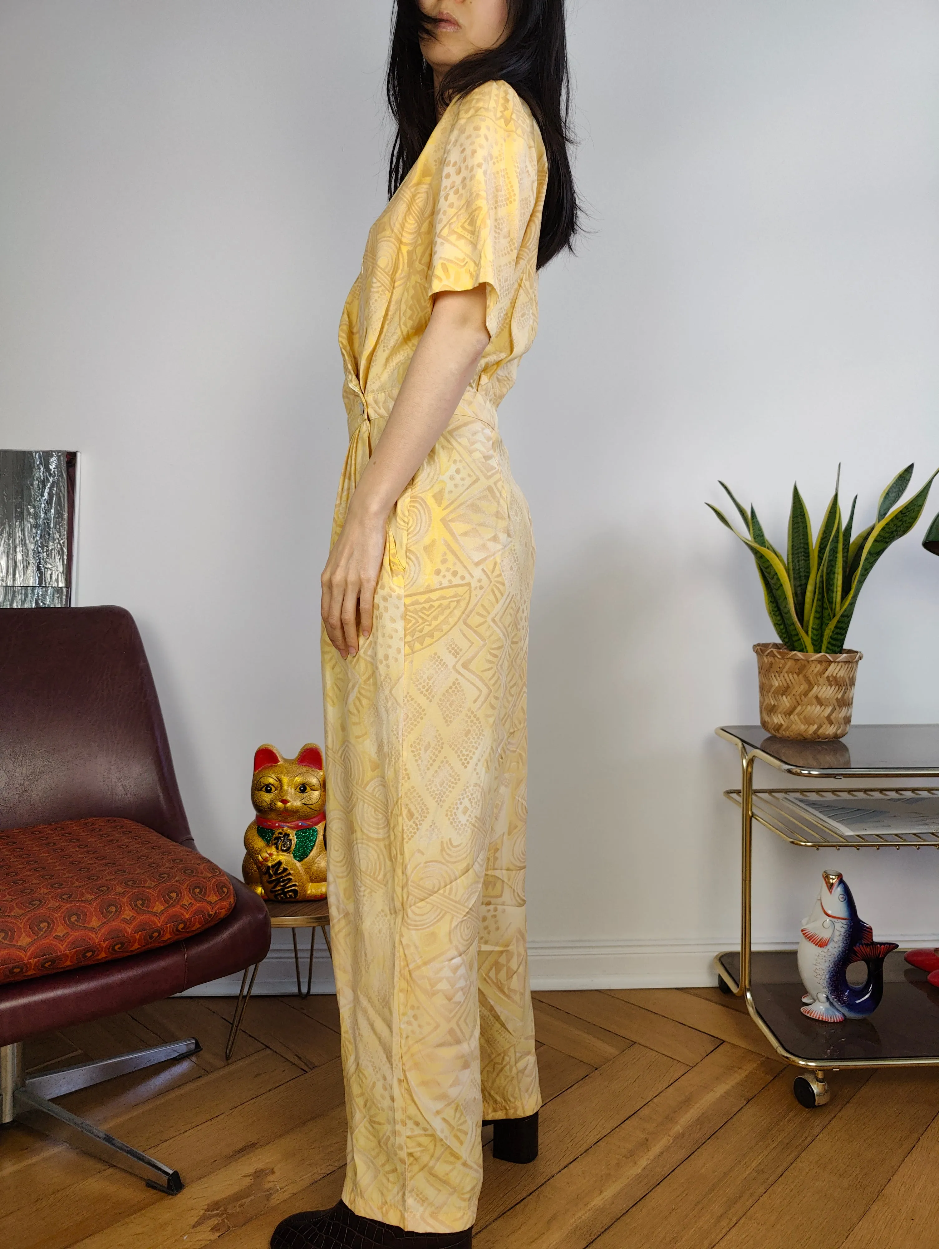 Vintage viscose jumpsuit viscose yellow print pattern overall onesie EU38 S