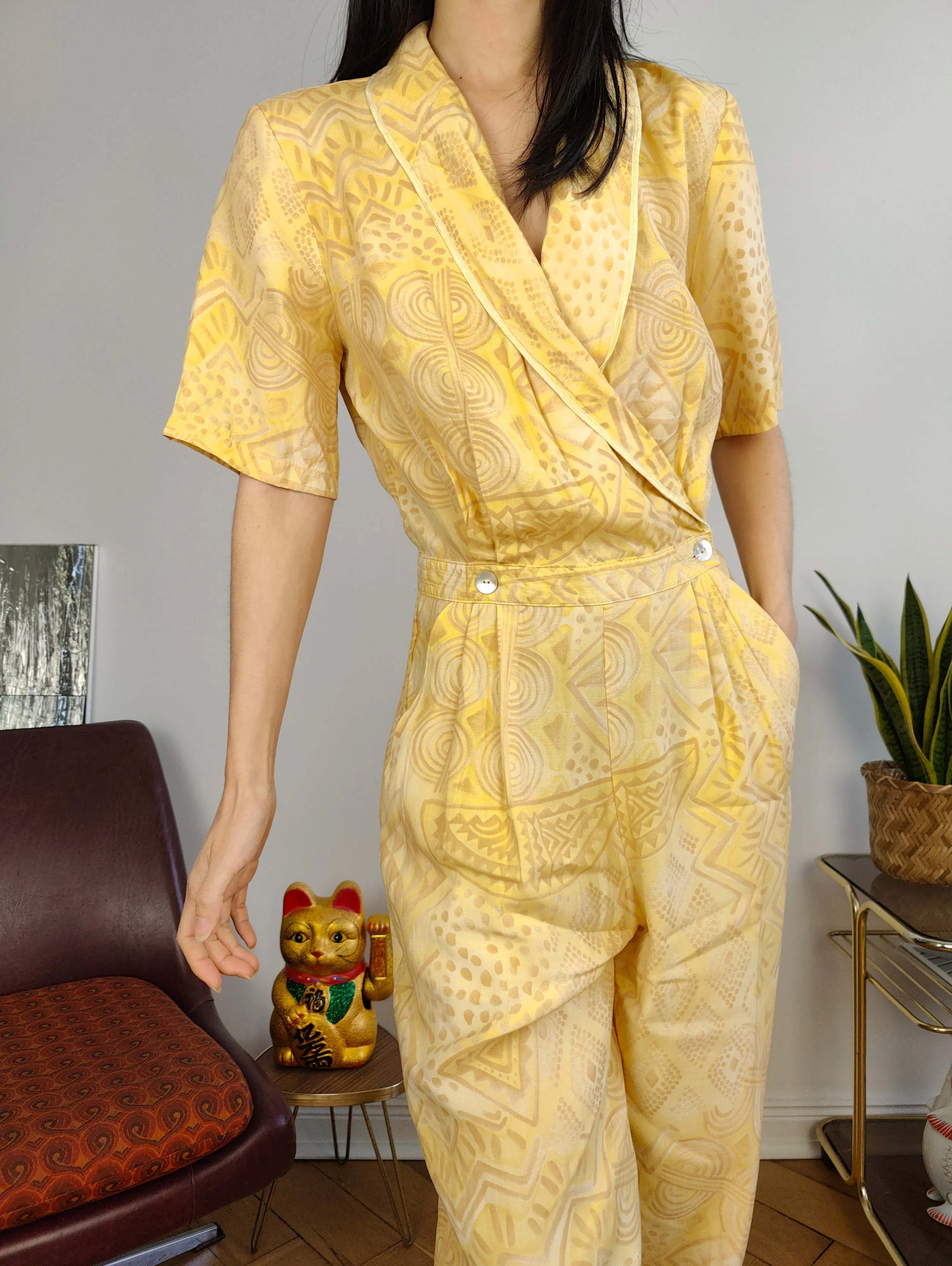 Vintage viscose jumpsuit viscose yellow print pattern overall onesie EU38 S