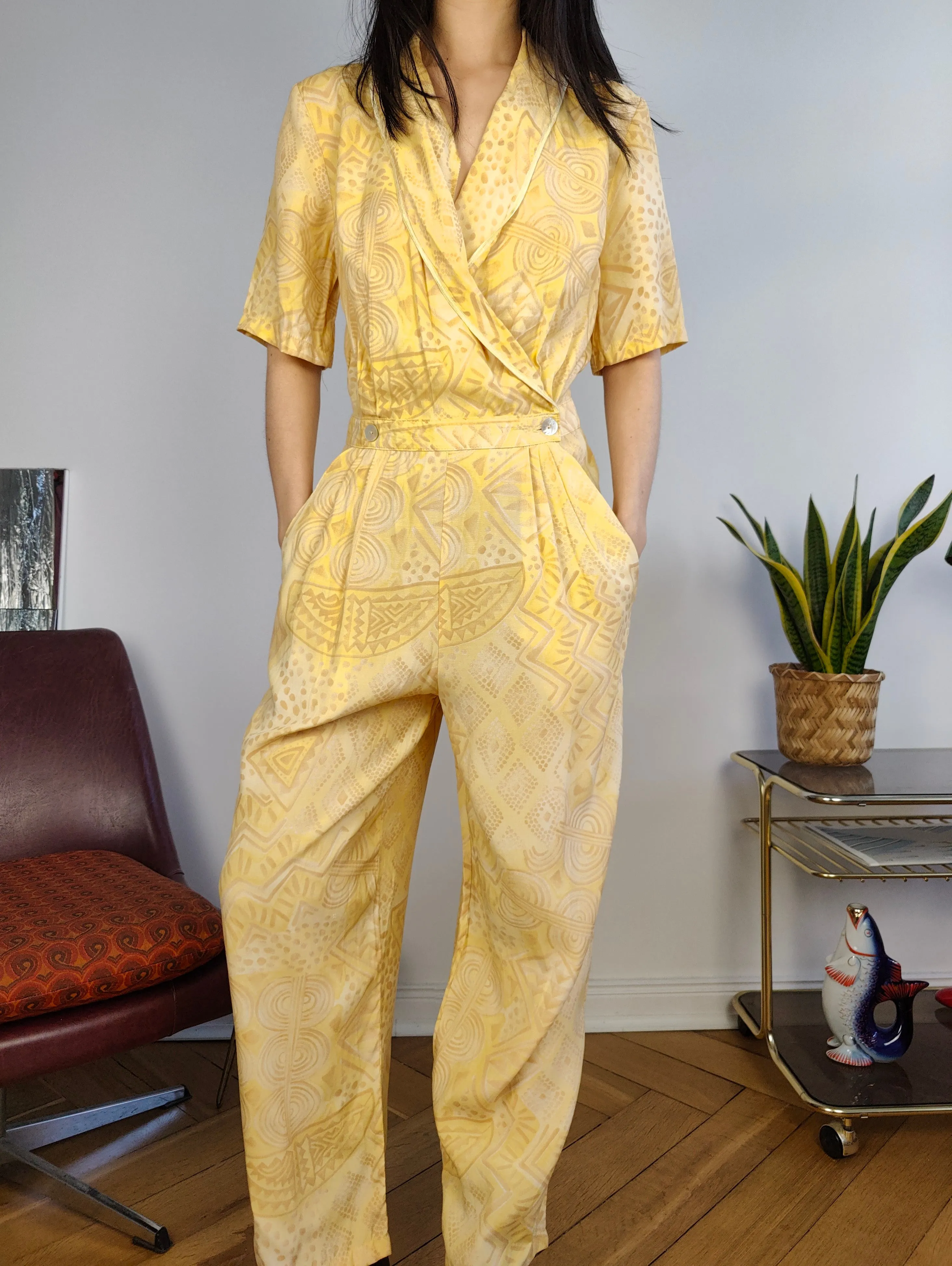 Vintage viscose jumpsuit viscose yellow print pattern overall onesie EU38 S