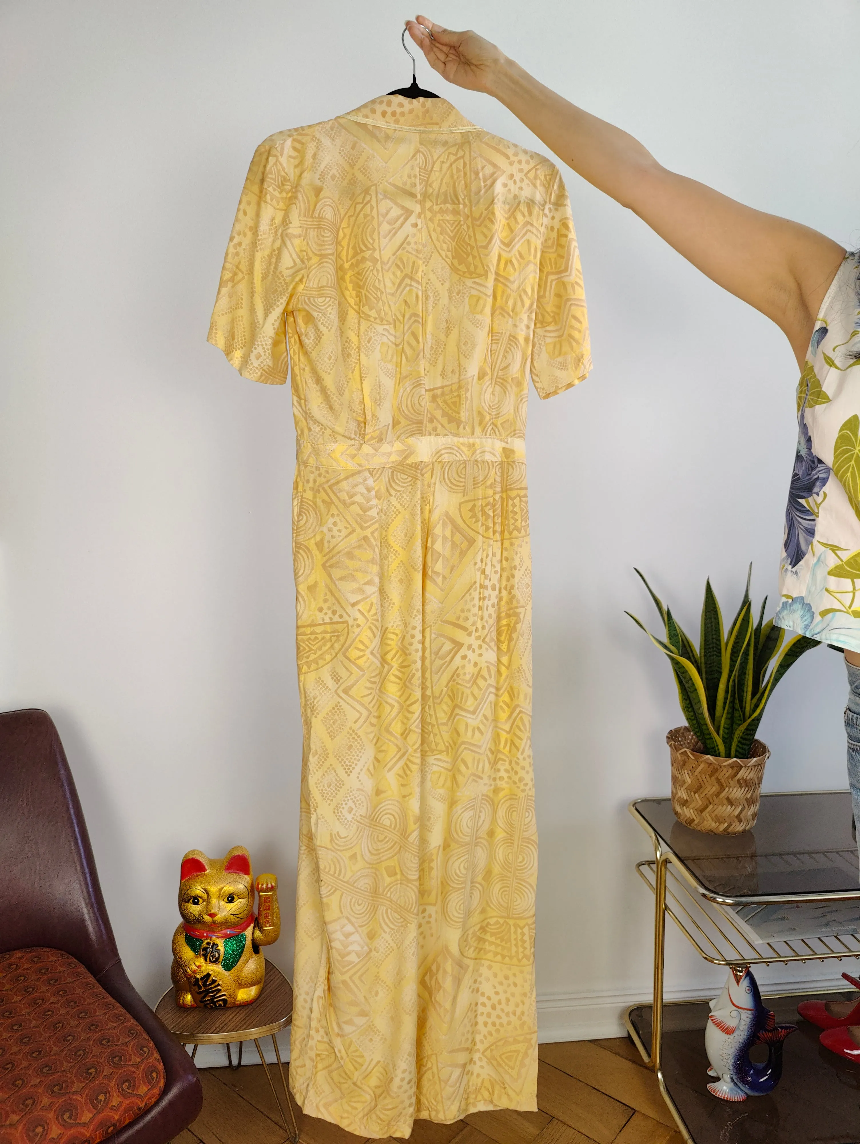 Vintage viscose jumpsuit viscose yellow print pattern overall onesie EU38 S
