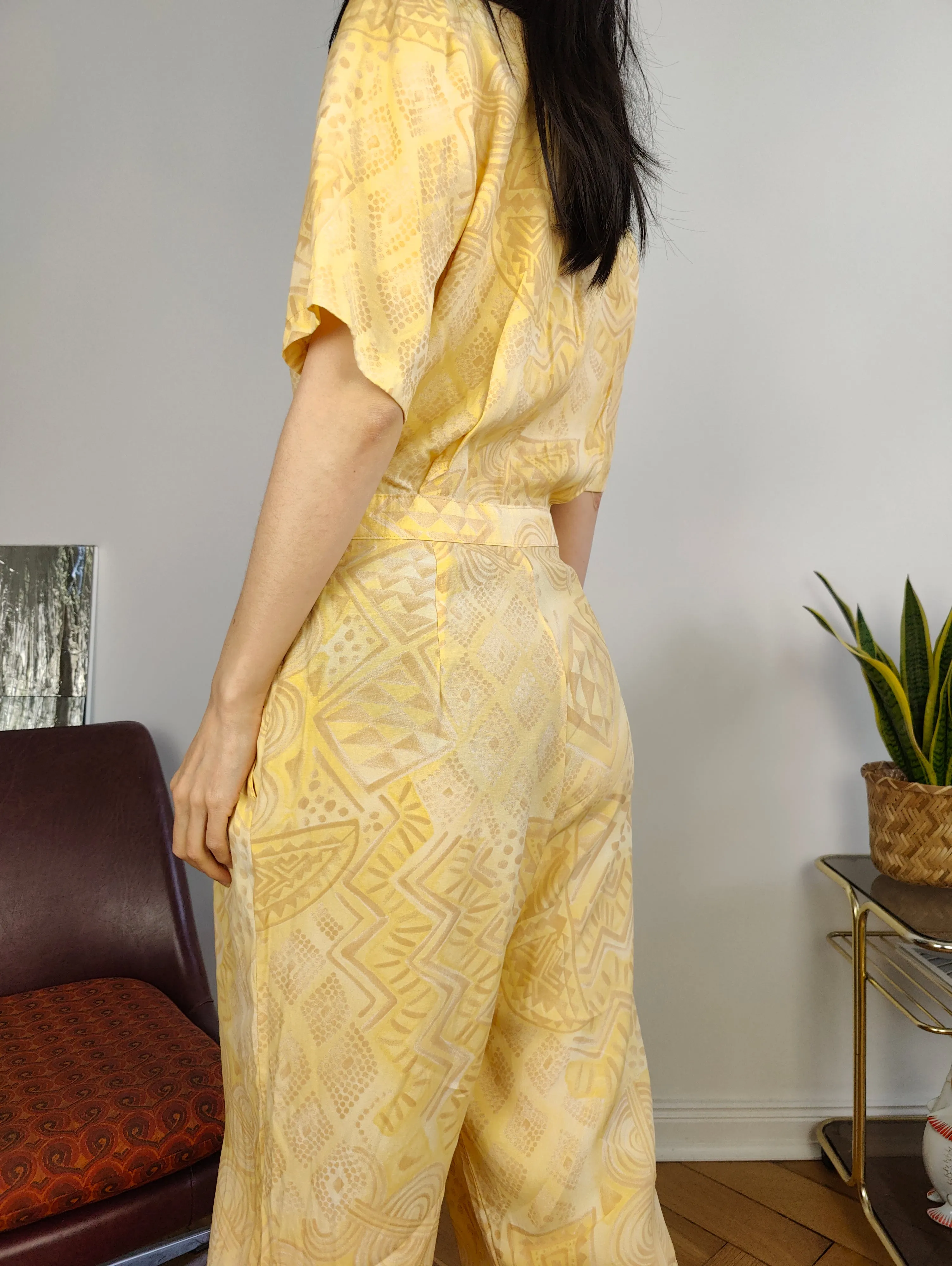 Vintage viscose jumpsuit viscose yellow print pattern overall onesie EU38 S