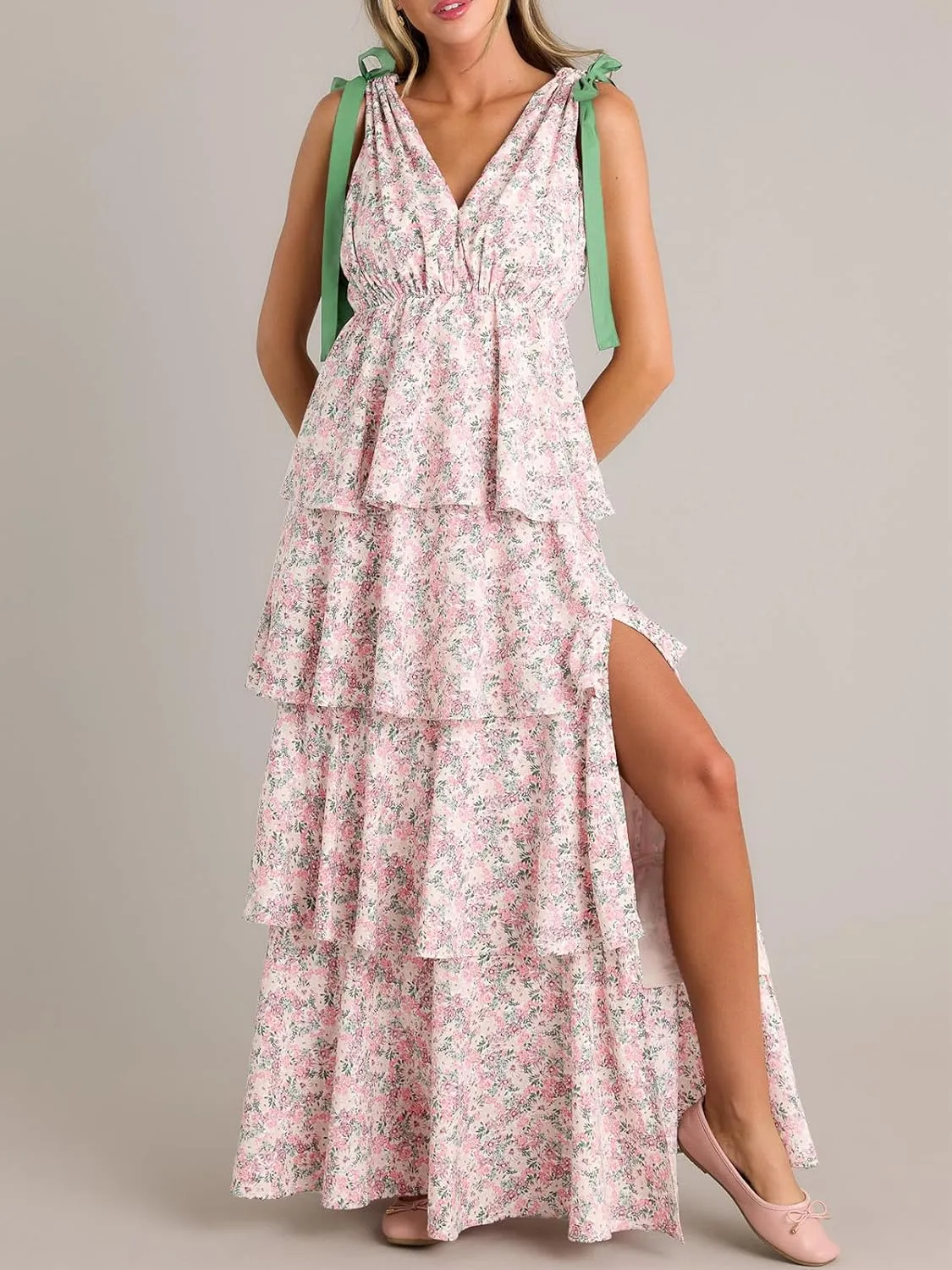 Wenrine Womens Summer Floral Maxi Dress Tie Strap Sleeveless V Neck High Slit Boho Ruffle Tiered Beach Dresses