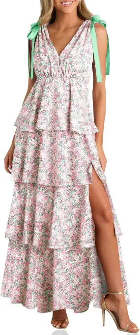 Wenrine Womens Summer Floral Maxi Dress Tie Strap Sleeveless V Neck High Slit Boho Ruffle Tiered Beach Dresses