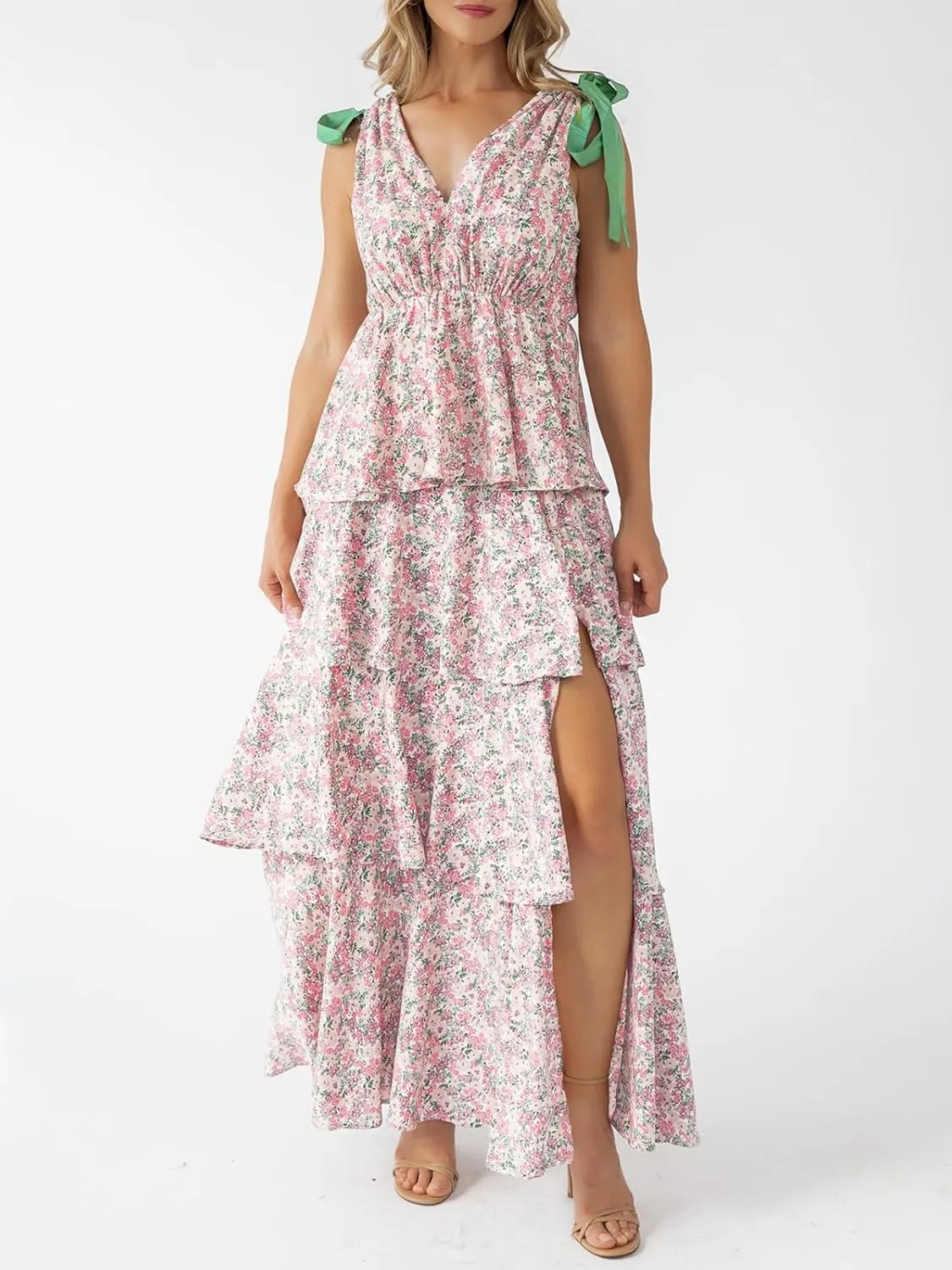 Wenrine Womens Summer Floral Maxi Dress Tie Strap Sleeveless V Neck High Slit Boho Ruffle Tiered Beach Dresses