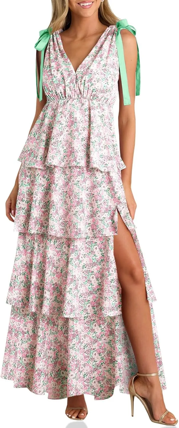 Wenrine Womens Summer Floral Maxi Dress Tie Strap Sleeveless V Neck High Slit Boho Ruffle Tiered Beach Dresses