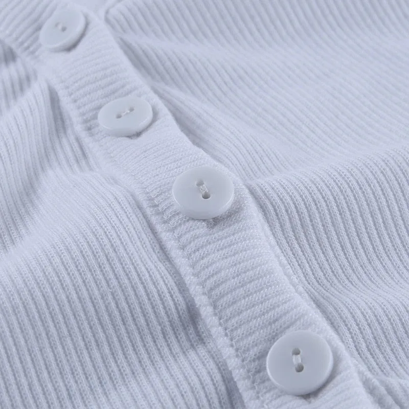 White V Neck Button Up Knit Crop Top