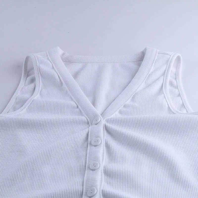 White V Neck Button Up Knit Crop Top