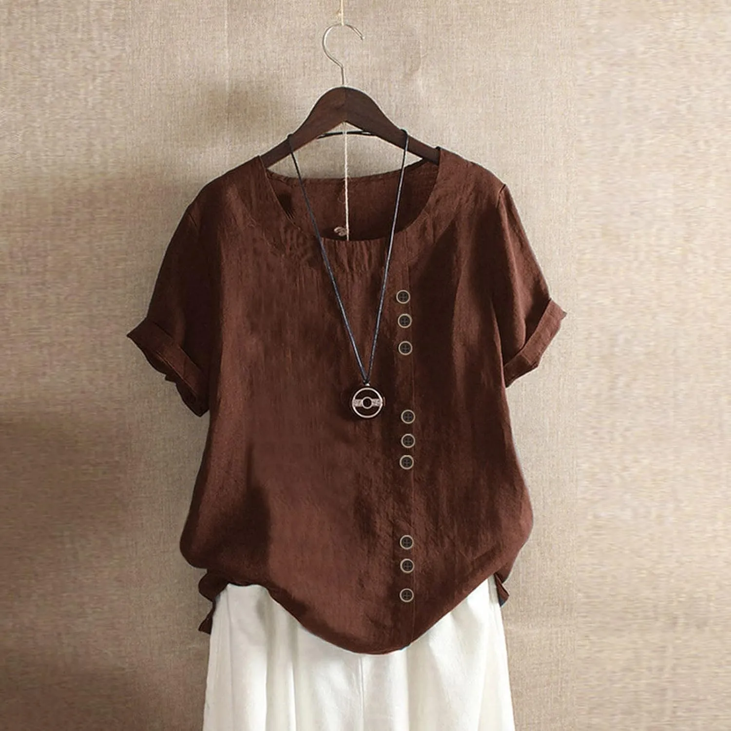 Women Linen Shirts V Neck Buttons Blouses Solid Color Soft Tee Shirt Long Sleeve Loose Fit Shirt
