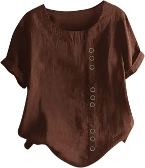 Women Linen Shirts V Neck Buttons Blouses Solid Color Soft Tee Shirt Long Sleeve Loose Fit Shirt