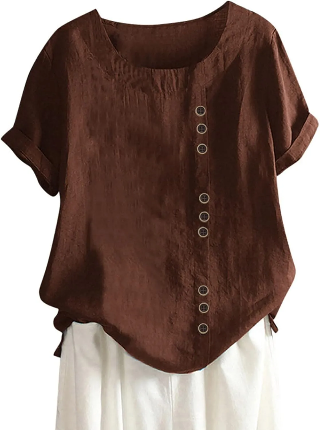 Women Linen Shirts V Neck Buttons Blouses Solid Color Soft Tee Shirt Long Sleeve Loose Fit Shirt