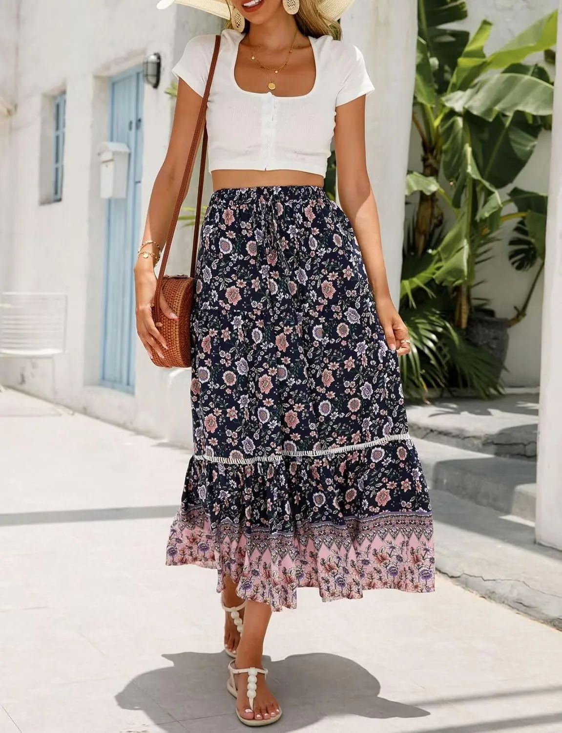 Women's 2025 Spring Summer Boho Floral Elastic Waist Flowy Swing Pleated A Line Long Maxi Beach Skirt