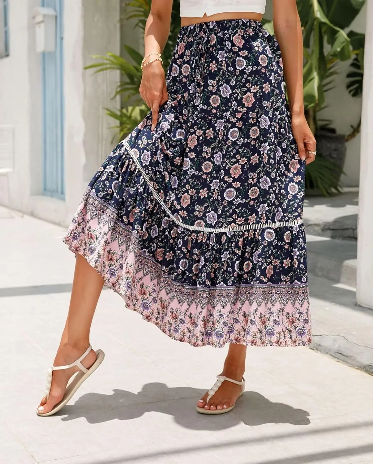 Women's 2025 Spring Summer Boho Floral Elastic Waist Flowy Swing Pleated A Line Long Maxi Beach Skirt
